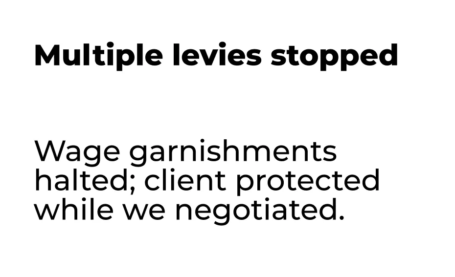 Multiple levies stopped Wage garnishments halted; client protected while we negotiated.